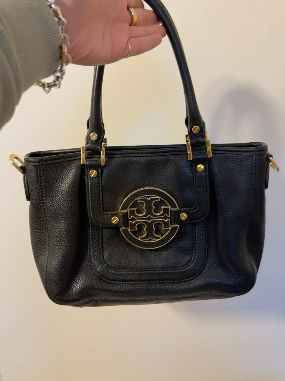 Tory Burch Amanda Black Pebbled Leather Satchel Bag Gold Logo